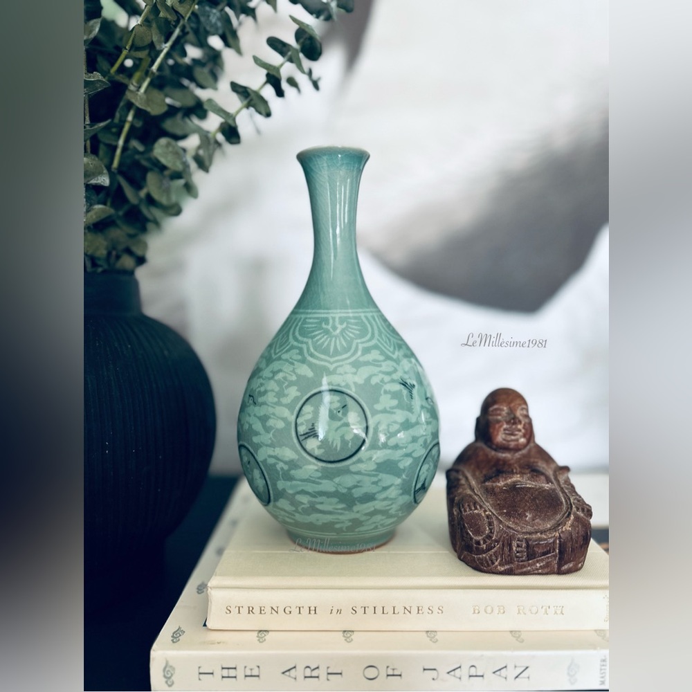 Vintage Celadon Porcelain Vase Crane Birds